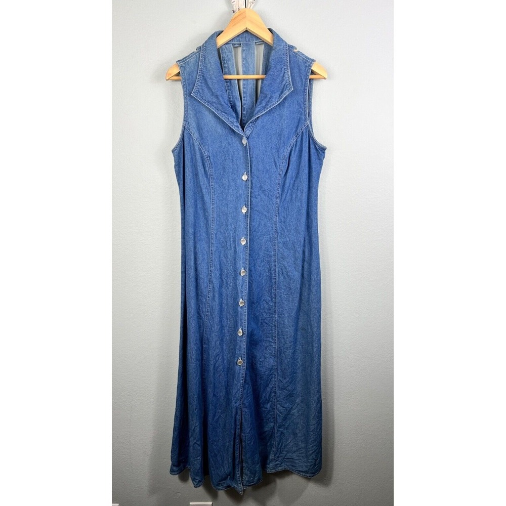 Miss Scarlett Dress Women 16 Blue Denim Maxi Cage Back Button Front Vintage 90s
